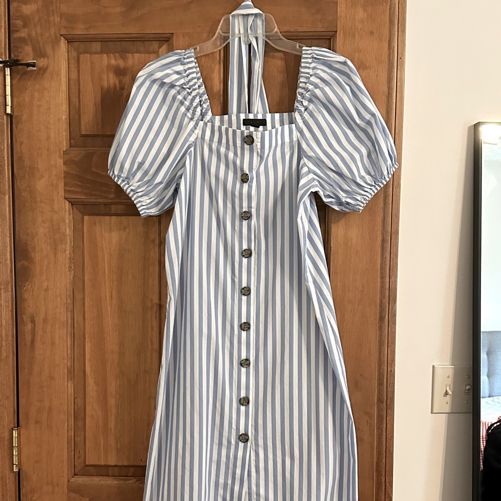 J Crew Square Neck Puff Sleeve Shirt Dress, Blue & White Stripe